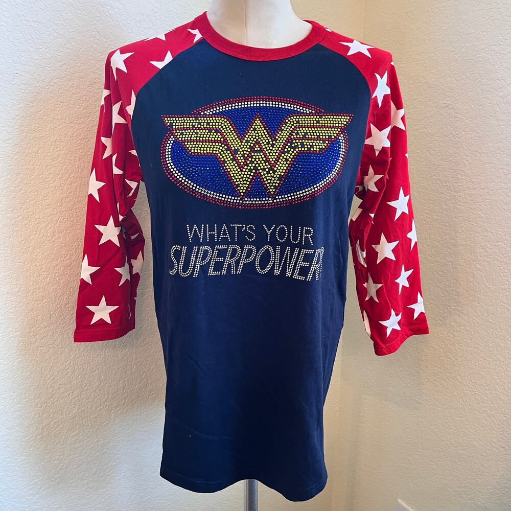 Luxury JLT Wonder Woman Super power rhinestone half sleeve top womens small